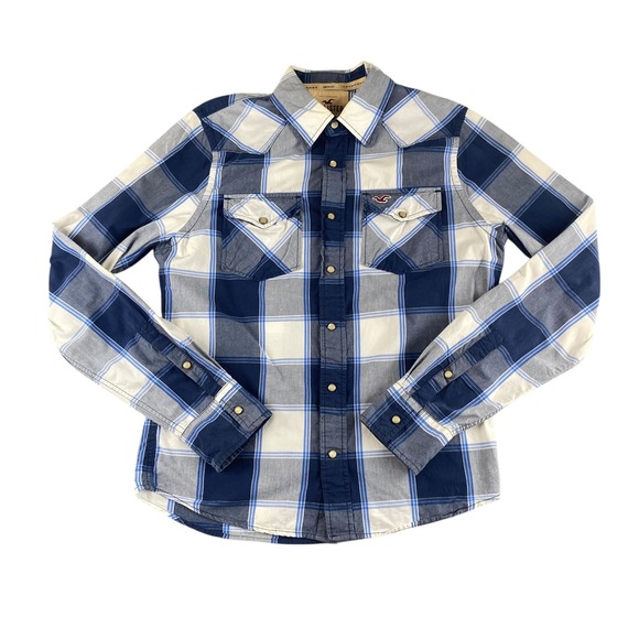Hollister‎ Surfer Plaid Western Snap Button Long Sleeve Shirt Mens L Blue White - Picture 2 of 6